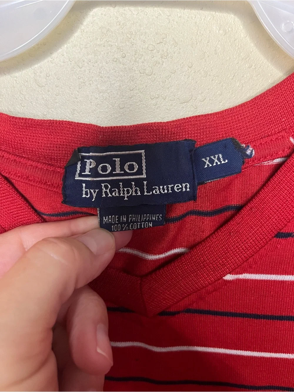 Ralph Lauren Red Striped V-Neck Tee with Navy Pony